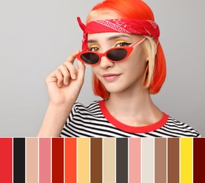 Color palette and beautiful young woman with bright dyed hair on light grey background