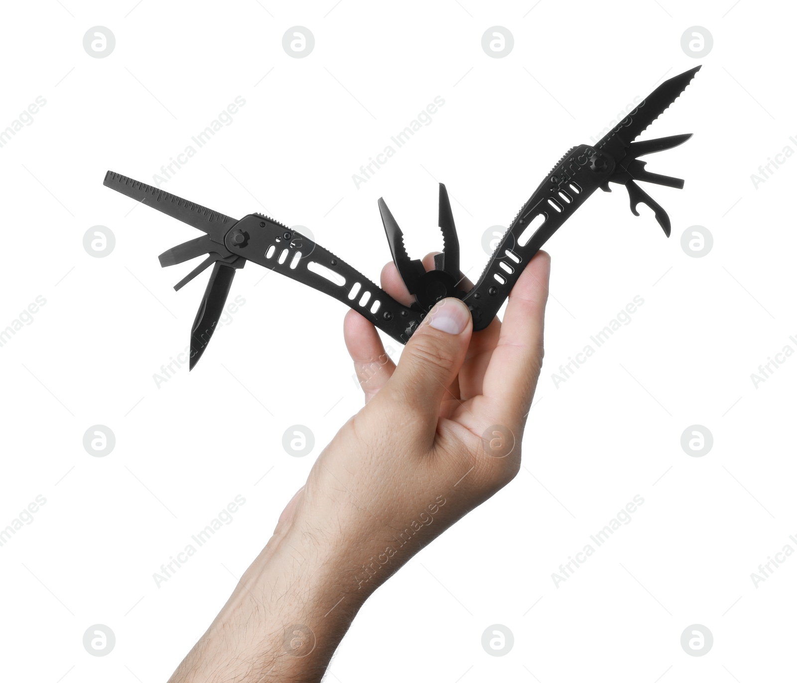 Photo of Man holding multitool on white background, closeup