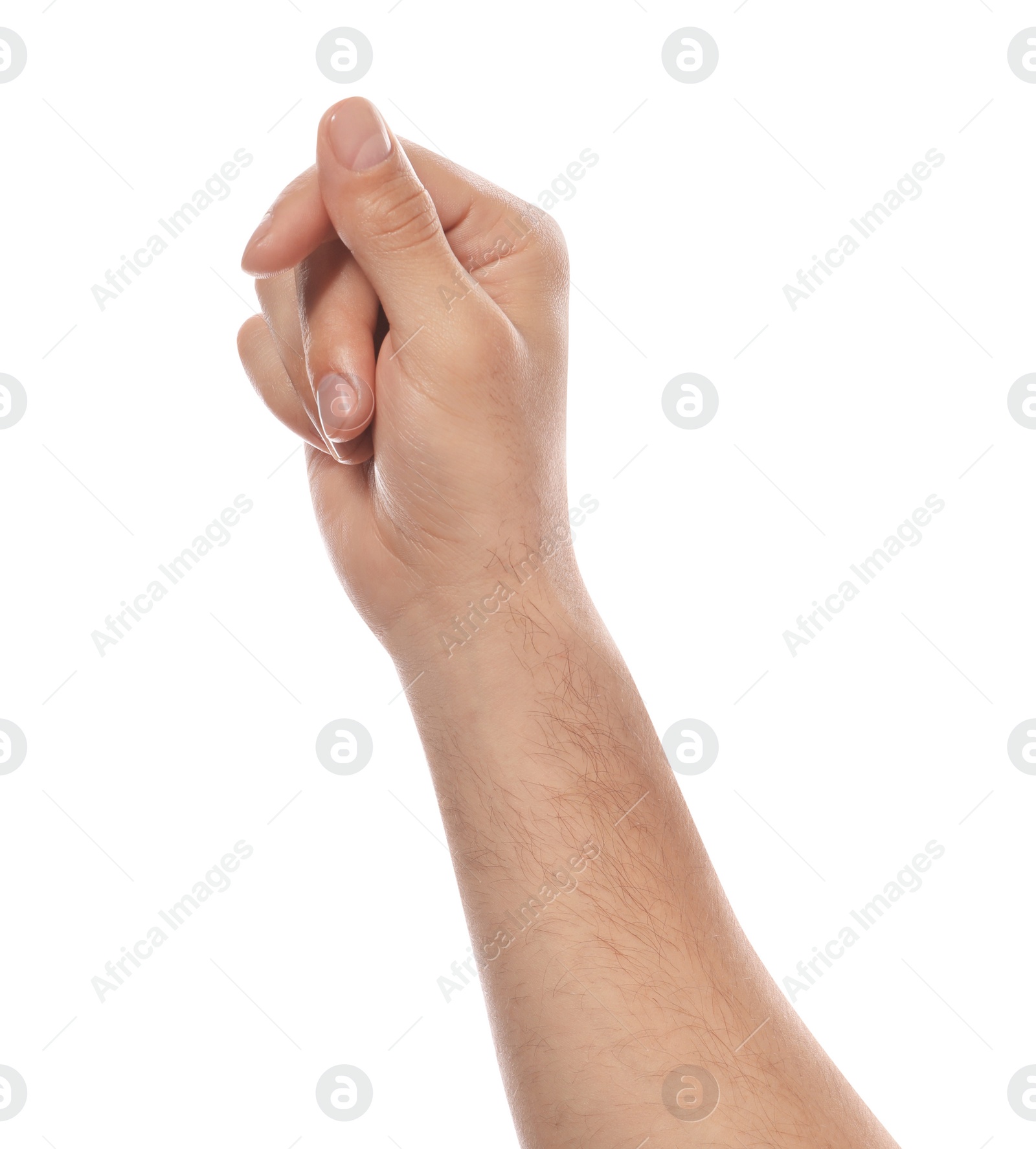 Photo of Man holding something on white background, closeup