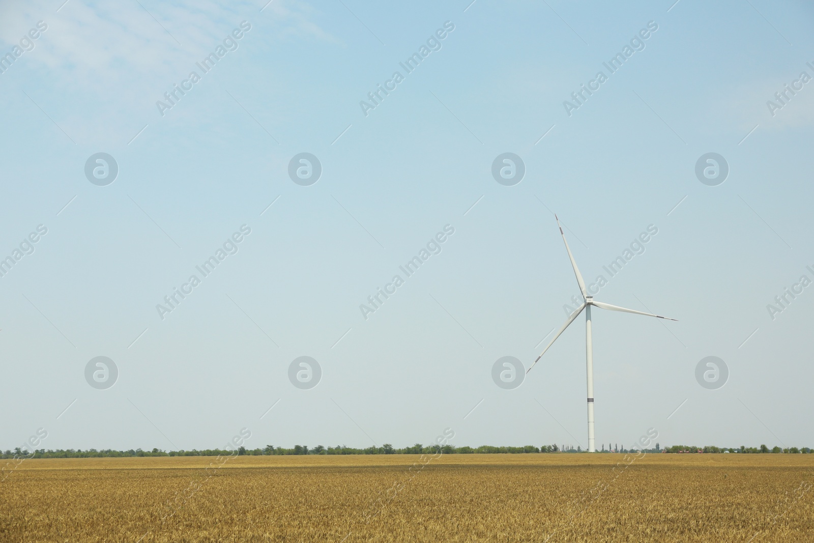 Photo of Modern wind turbine in field on sunny day. Energy efficiency