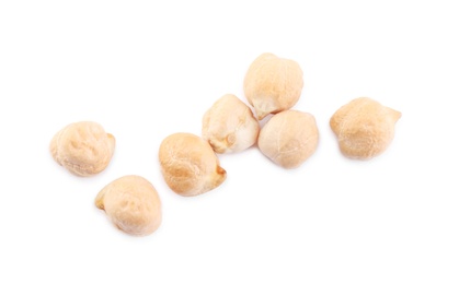 Photo of Tasty chickpeas on white background, top view. Natural food