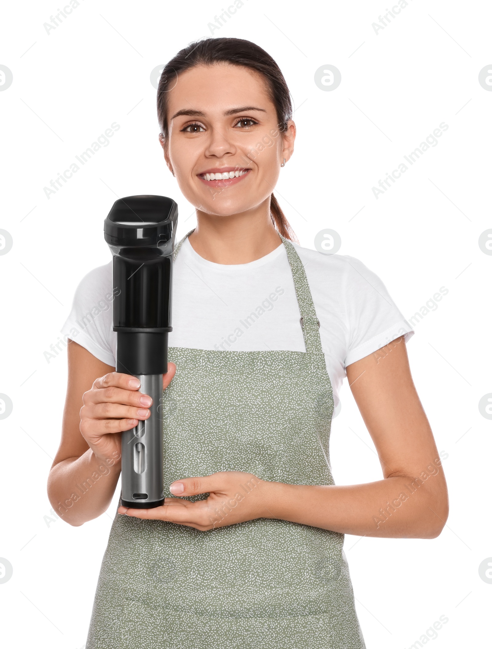 Photo of Beautiful young woman holding sous vide cooker on white background