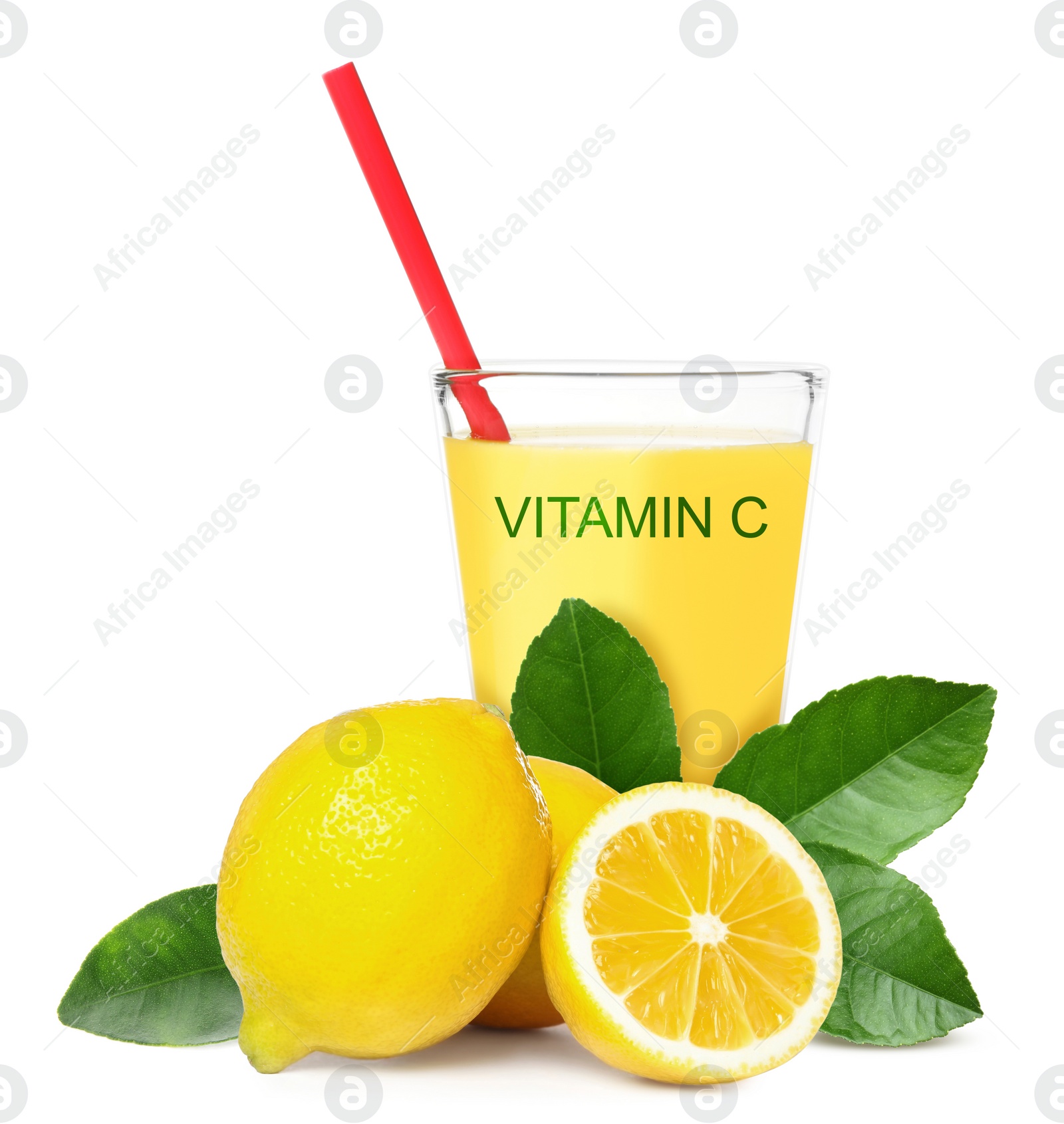 Image of Source of Vitamin C. Glass of lemon juice, fresh fruits and green leaves on white background