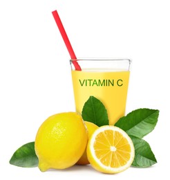 Image of Source of Vitamin C. Glass of lemon juice, fresh fruits and green leaves on white background
