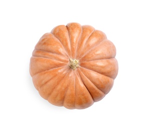 Photo of Fresh ripe pumpkin isolated on white, top view. Organic plant