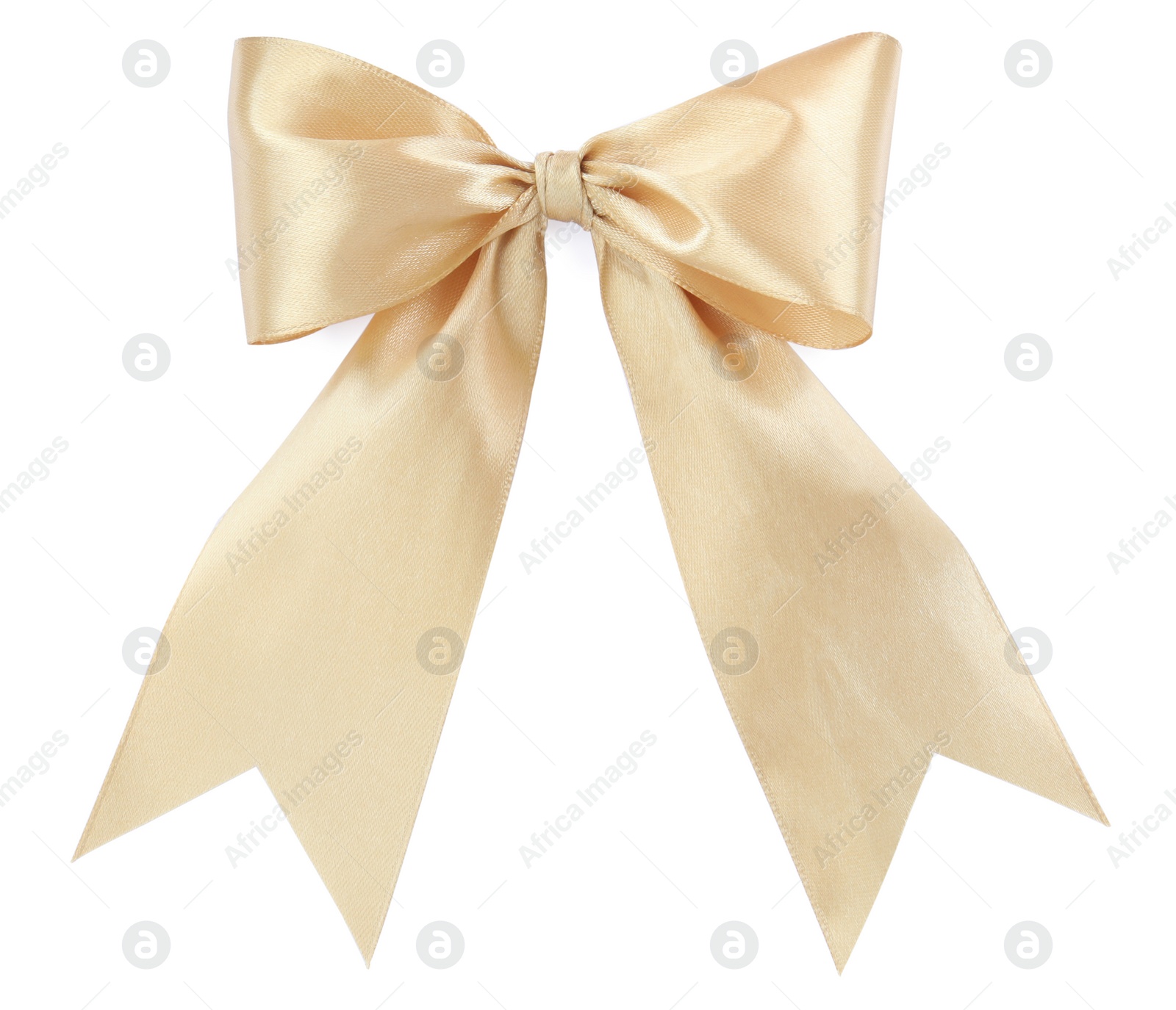 Photo of Beautiful golden ribbon tied in bow isolated on white, top view