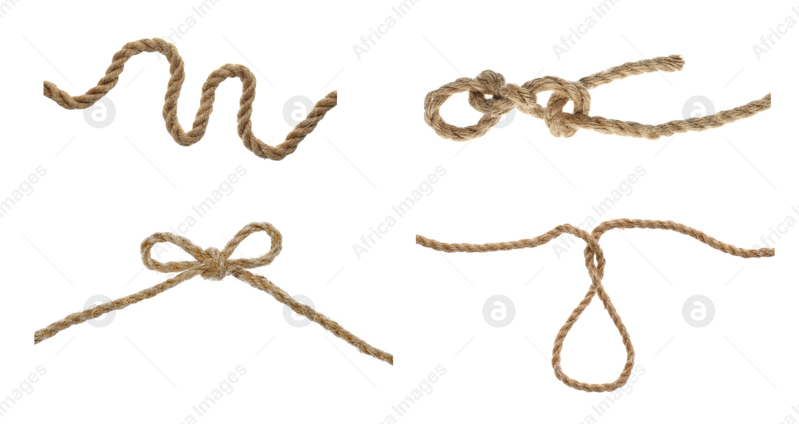 Image of Set of durable hemp ropes on white background