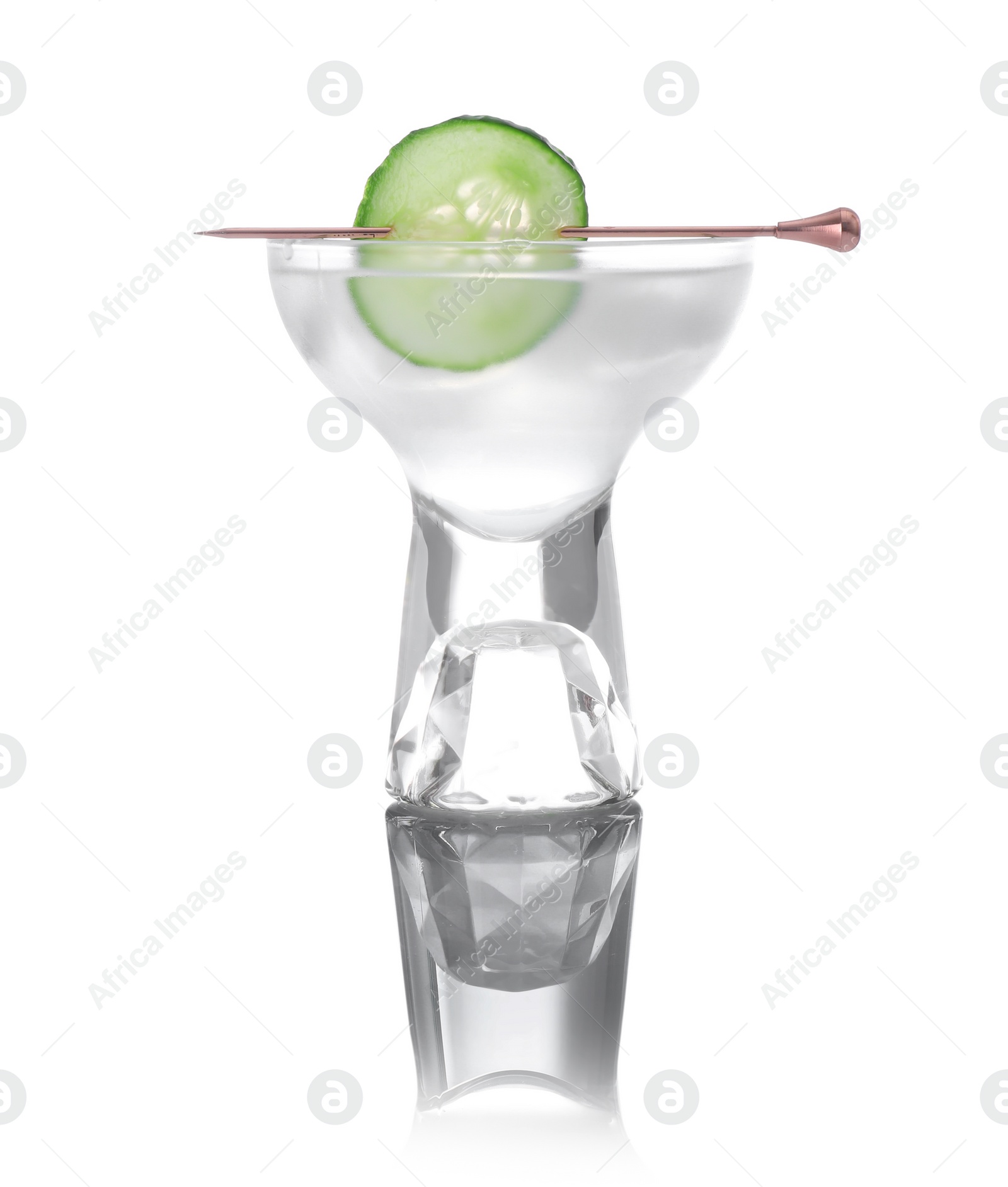 Photo of Glass of tasty martini with cucumber on white background