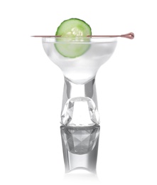 Photo of Glass of tasty martini with cucumber on white background