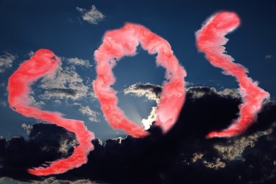 Image of Word SOS made of red smoke and sky with dark clouds after thunder