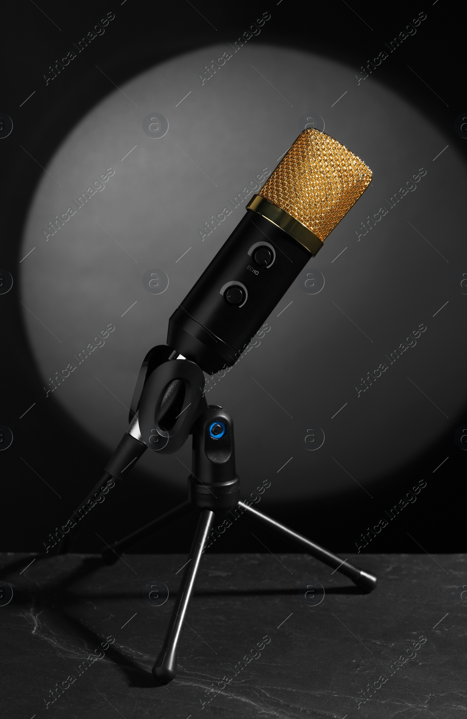 Photo of Stand with microphone on grey textured table. Sound recording and reinforcement