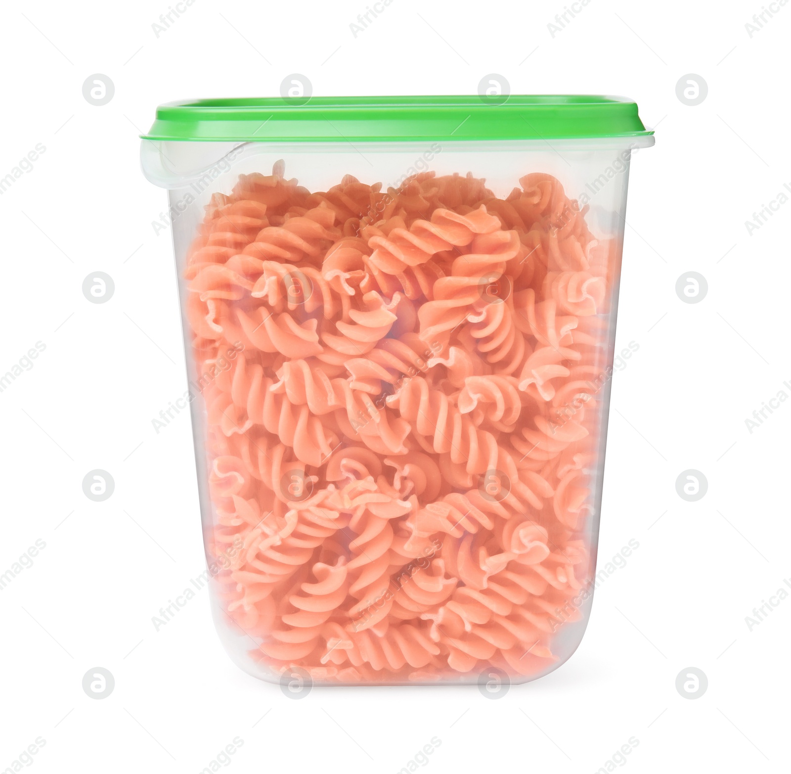 Photo of Plastic container filled with pasta isolated on white