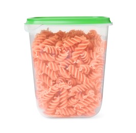 Photo of Plastic container filled with pasta isolated on white