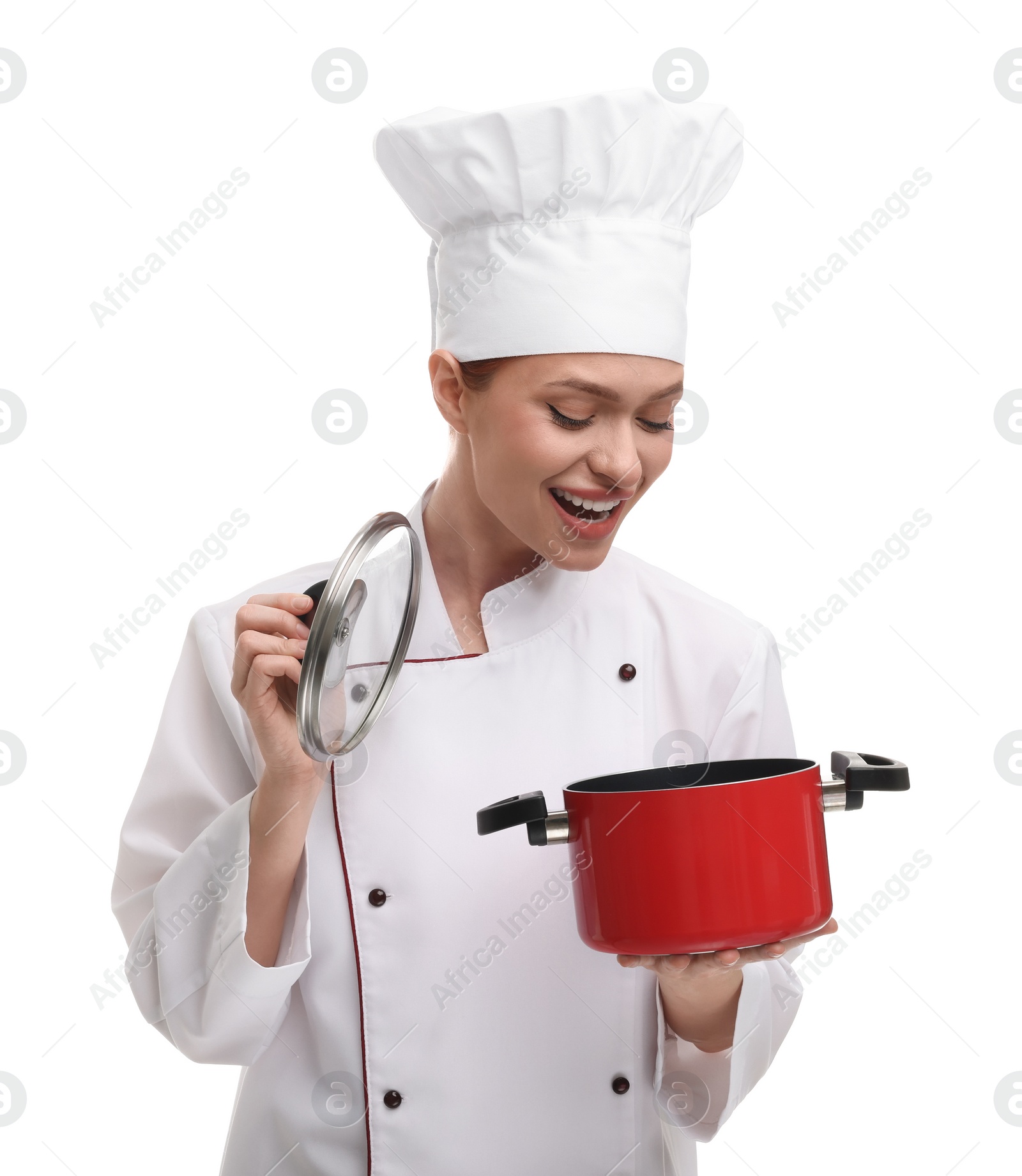 Photo of Happy woman chef in uniform holding cooking pot on white background