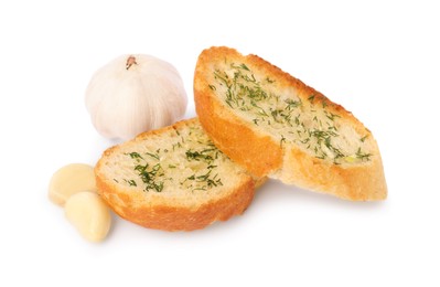 Photo of Pieces of tasty baguette with garlic and dill isolated on white