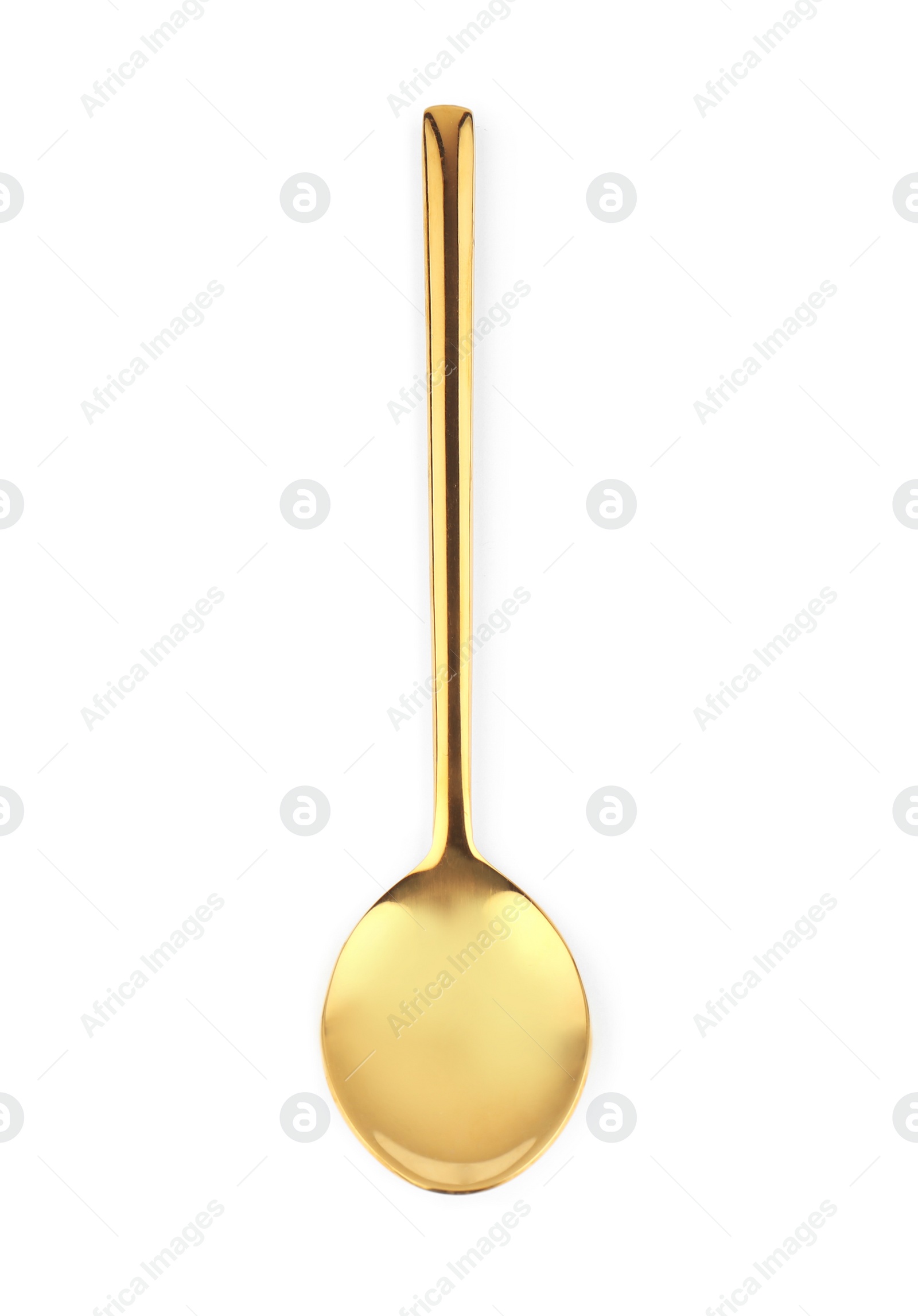 Photo of Stylish clean gold spoon on white background, top view