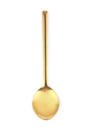 Photo of Stylish clean gold spoon on white background, top view