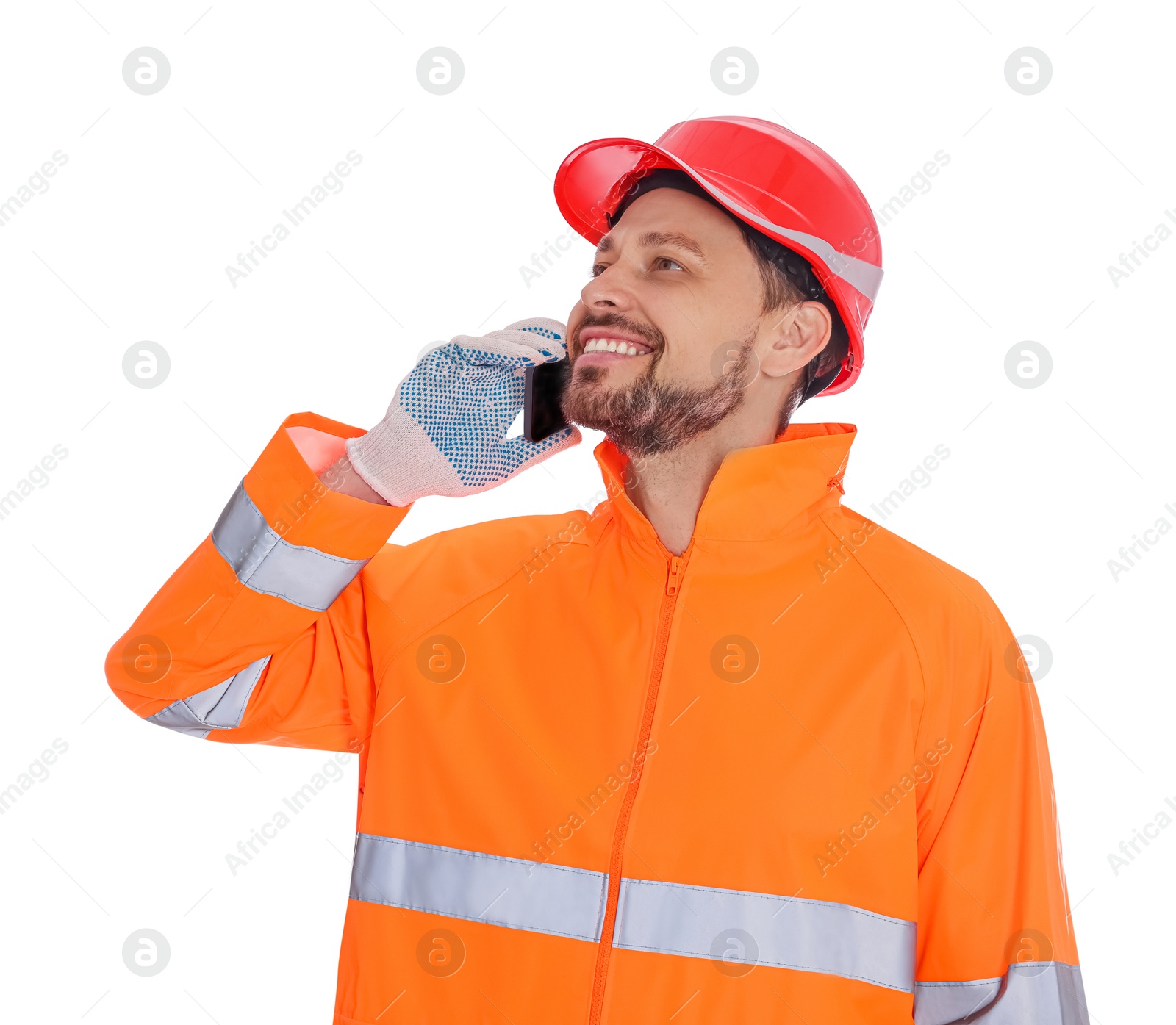 Photo of Man in reflective uniform talking on phone against white background