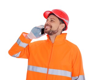 Photo of Man in reflective uniform talking on phone against white background