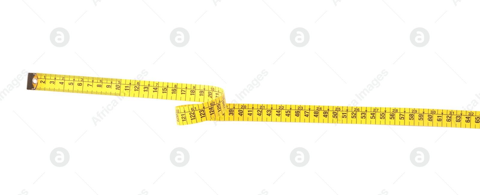 Photo of Long yellow measuring tape isolated on white, top view