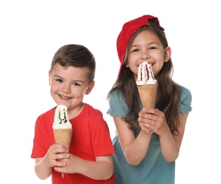 Cute little children with delicious ice creams on white background