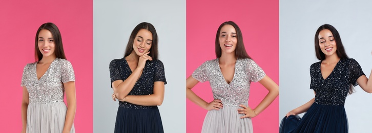 Collage with photos of young woman wearing different dresses on bright backgrounds