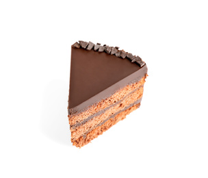 Photo of Piece of tasty chocolate cake isolated on white