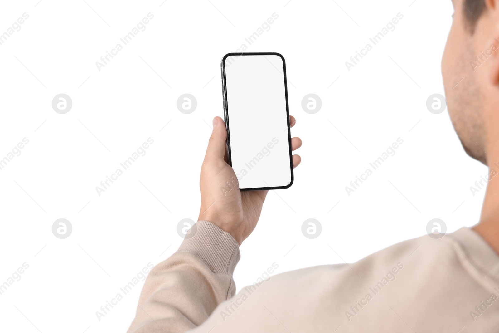 Photo of Man holding smartphone with blank screen on white background, closeup. Mockup for design