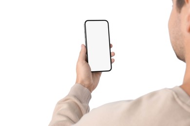 Man holding smartphone with blank screen on white background, closeup. Mockup for design