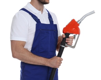 Photo of Gas station worker with fuel nozzle on white background, closeup