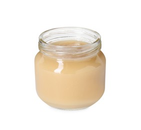 Photo of Baby food. Tasty healthy puree in jar isolated on white