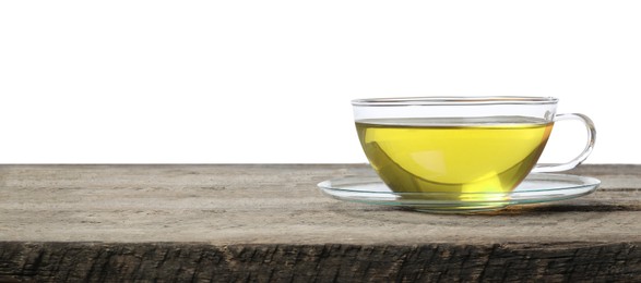 Photo of Refreshing green tea in cup on wooden table against white background