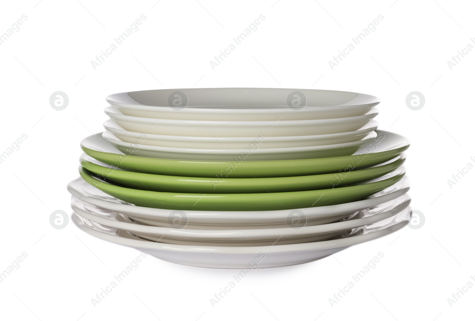 Photo of Stack of beautiful ceramic plates isolated on white