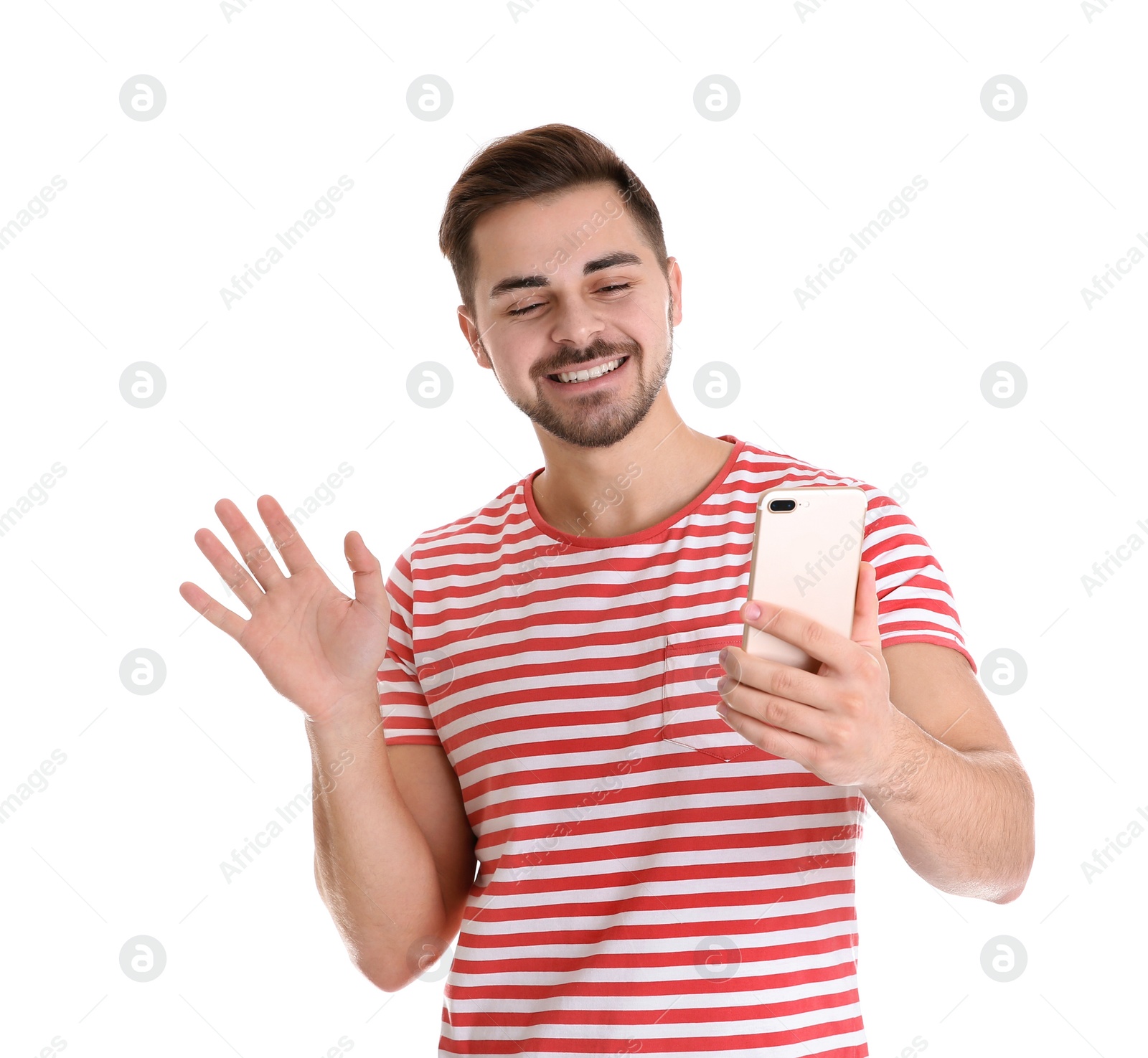 Photo of Man using mobile phone for video chat isolated on white