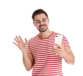 Man using mobile phone for video chat isolated on white