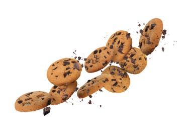 Image of Tasty chocolate chip cookies falling on white background