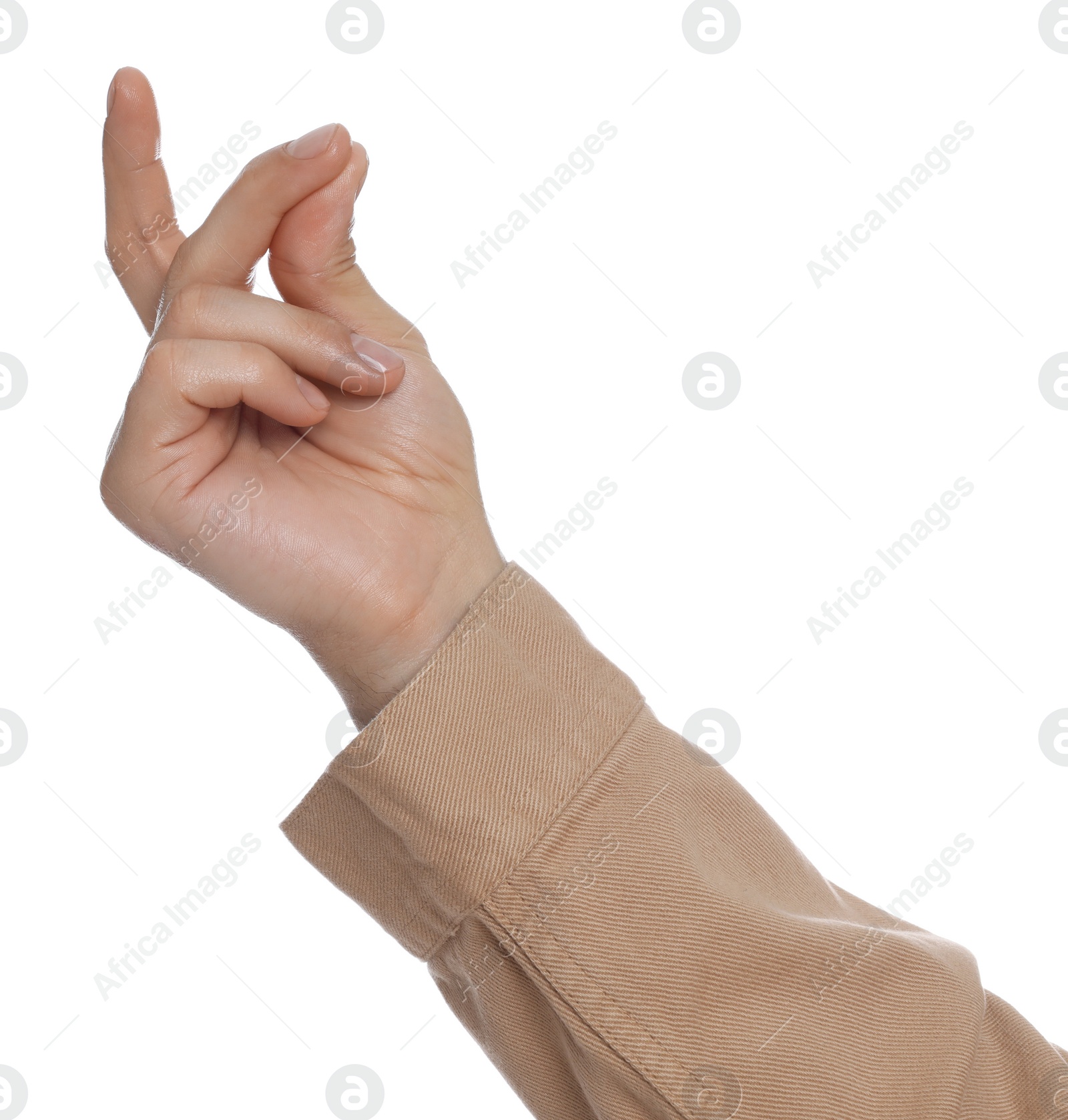 Photo of Man snapping fingers on white background, closeup of hand