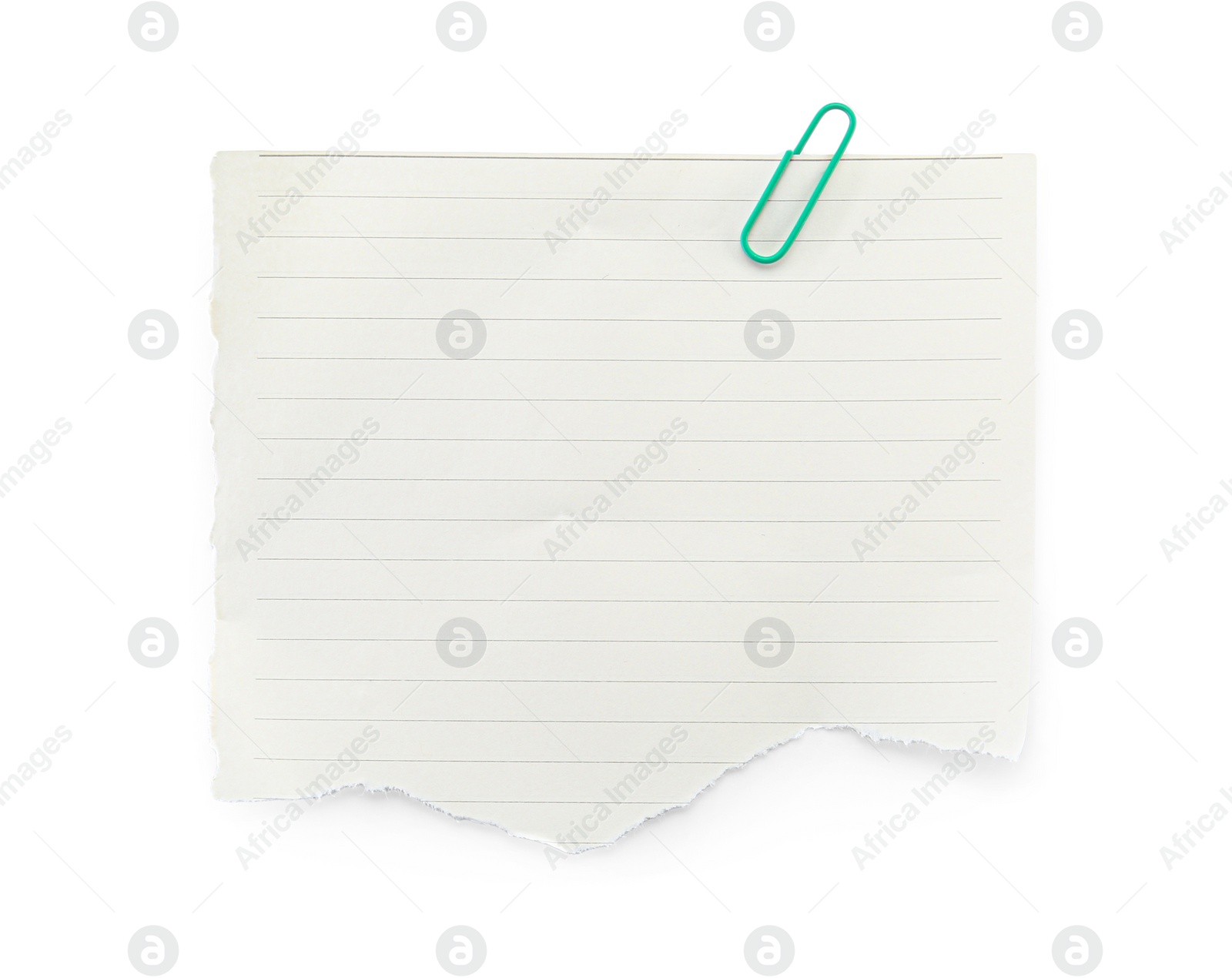 Photo of Piece of lined notebook paper with clip isolated on white, top view