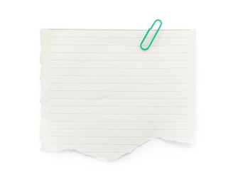 Photo of Piece of lined notebook paper with clip isolated on white, top view