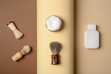 Photo of Flat lay composition with shaving accessories for men on color background