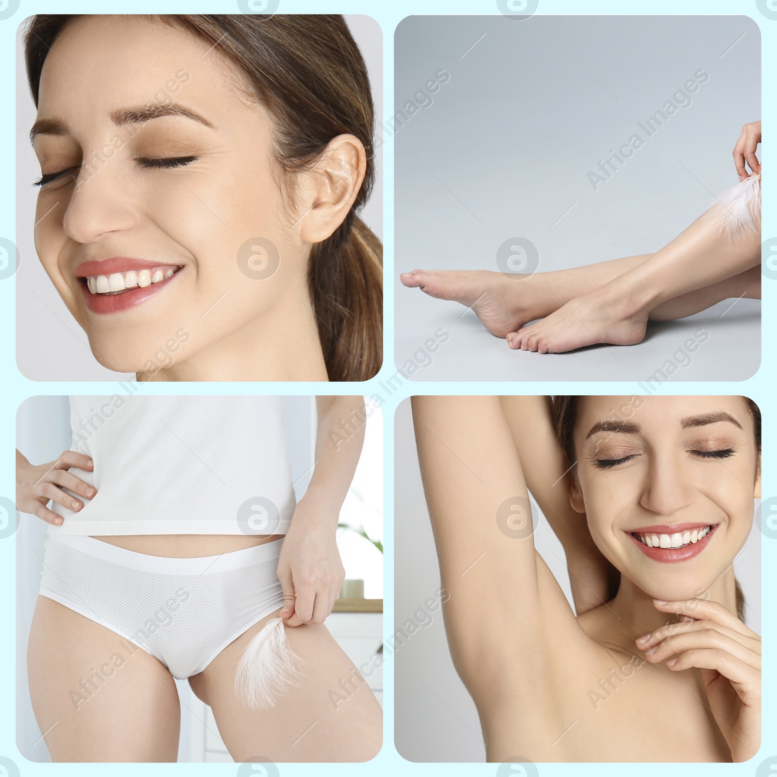 Image of Collage with photos of woman showing smooth skin after epilation