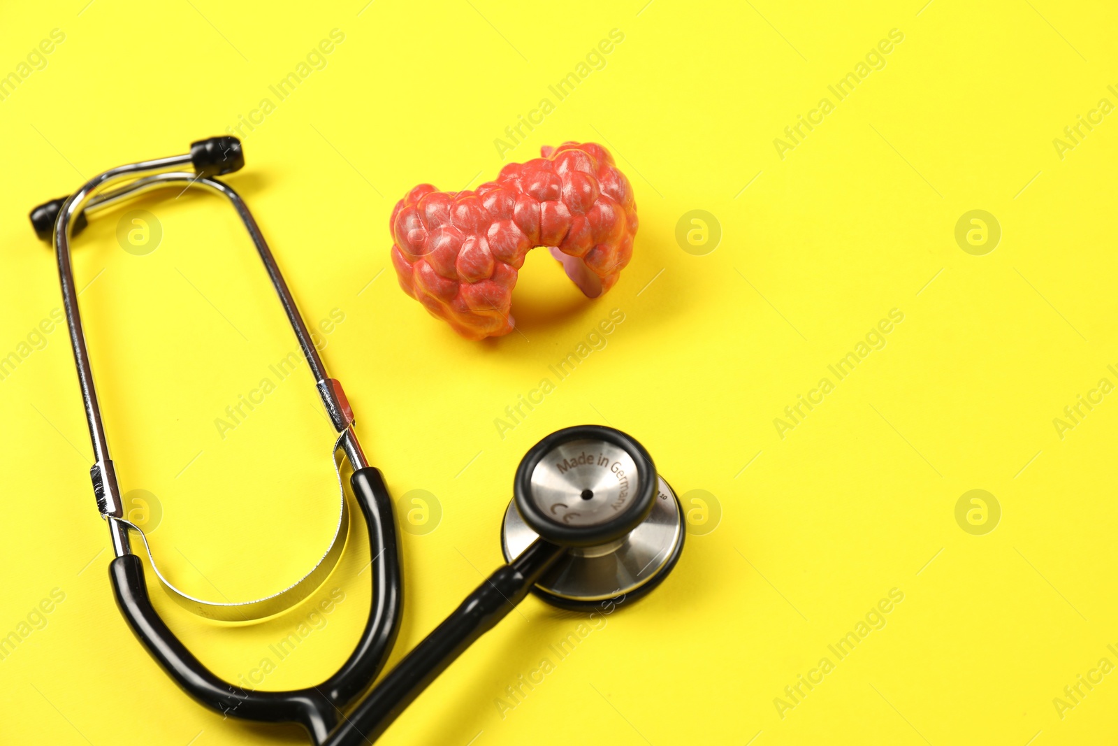 Photo of Endocrinology. Stethoscope and model of thyroid gland on yellow background, closeup. Space for text