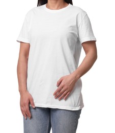 Woman wearing stylish t-shirt on white background, closeup