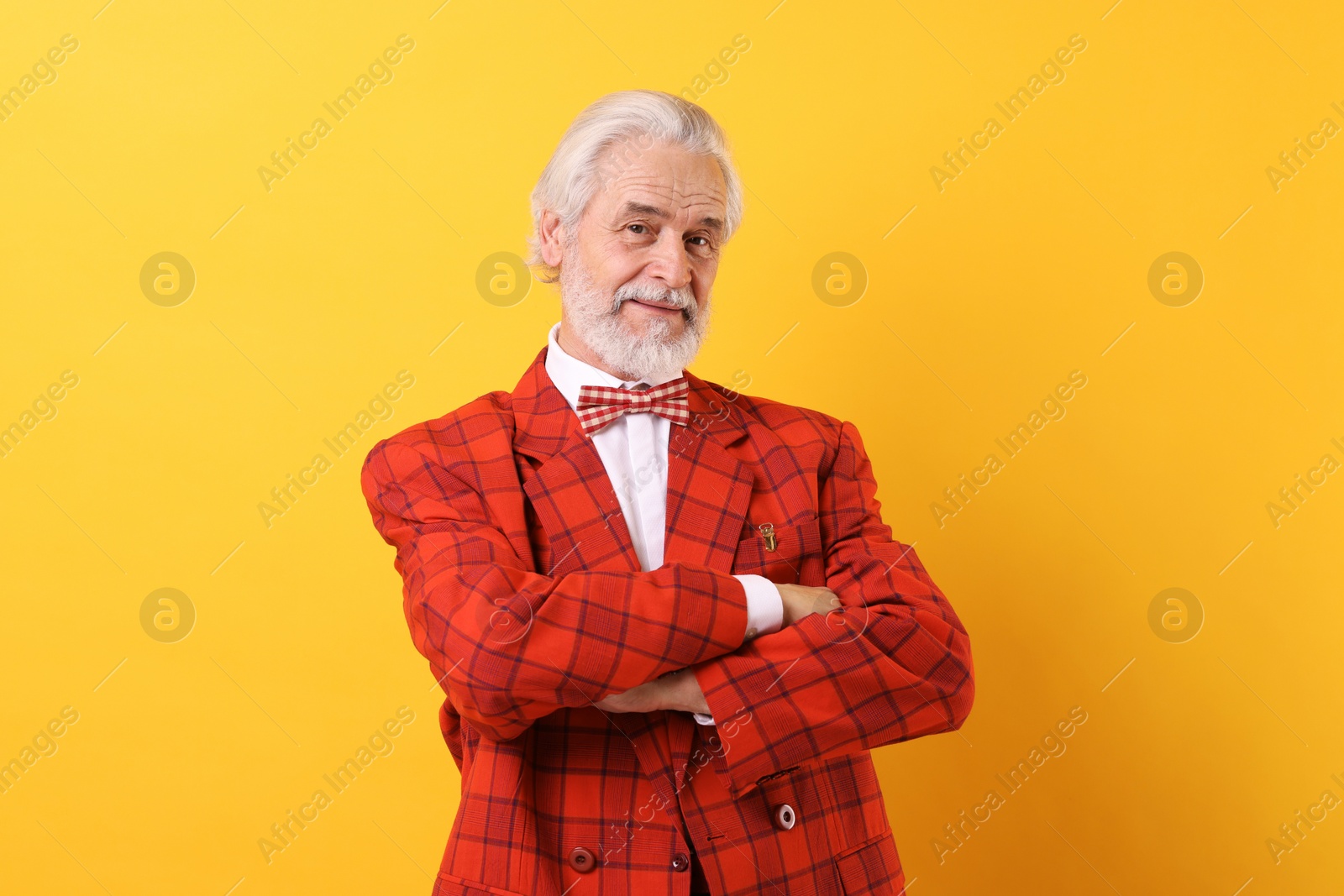 Photo of Portrait of grandpa with stylish red suit and bowtie on yellow background