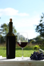 Photo of Red wine and delicious grapes served on table outdoors