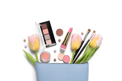 Photo of Flat lay composition with different makeup products and beautiful flowers on white background