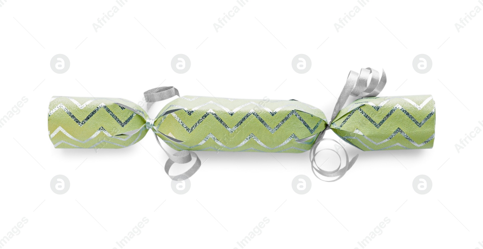 Photo of Shiny Christmas cracker isolated on white. Festive decoration