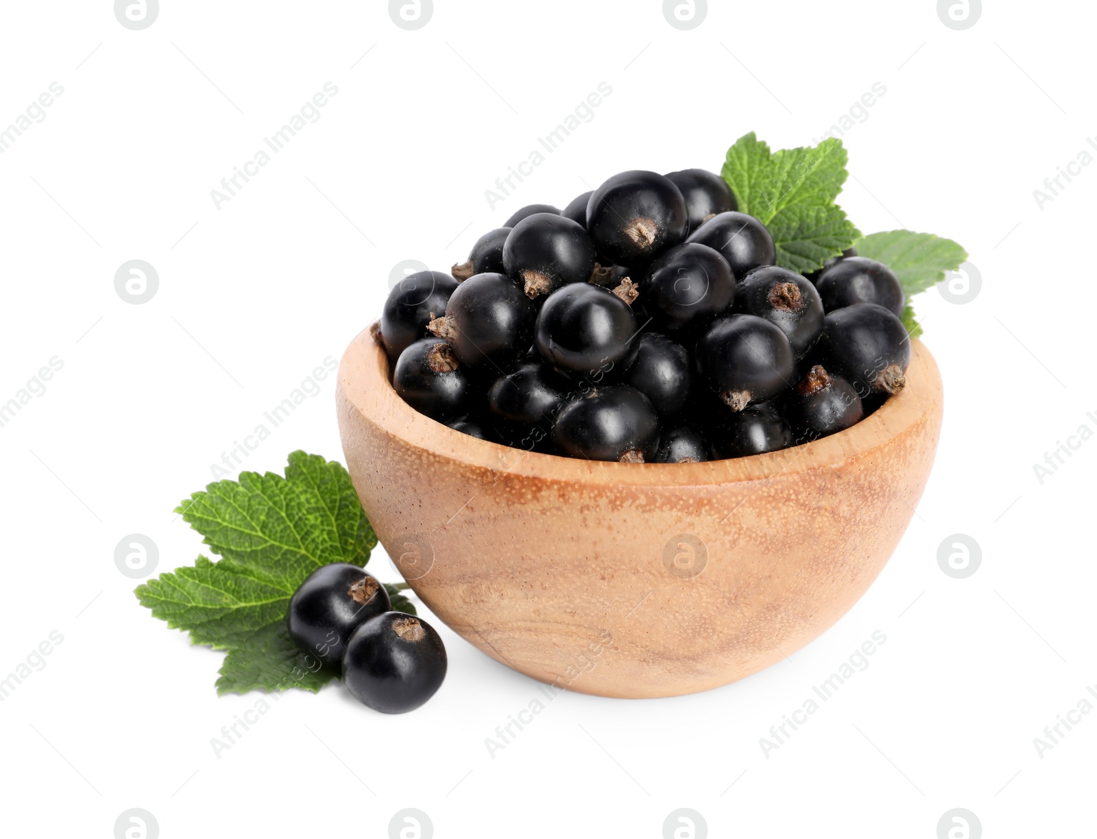 Photo of Ripe blackcurrants and leaves isolated on white