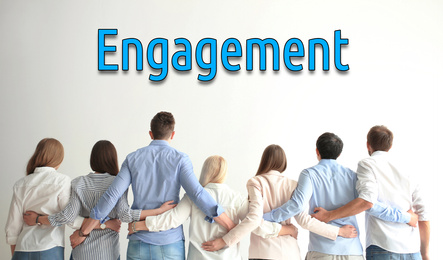 Image of Engagement concept. People hugging together on light background