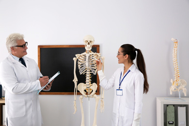 Photo of Medical student and professor studying human skeleton anatomy in classroom